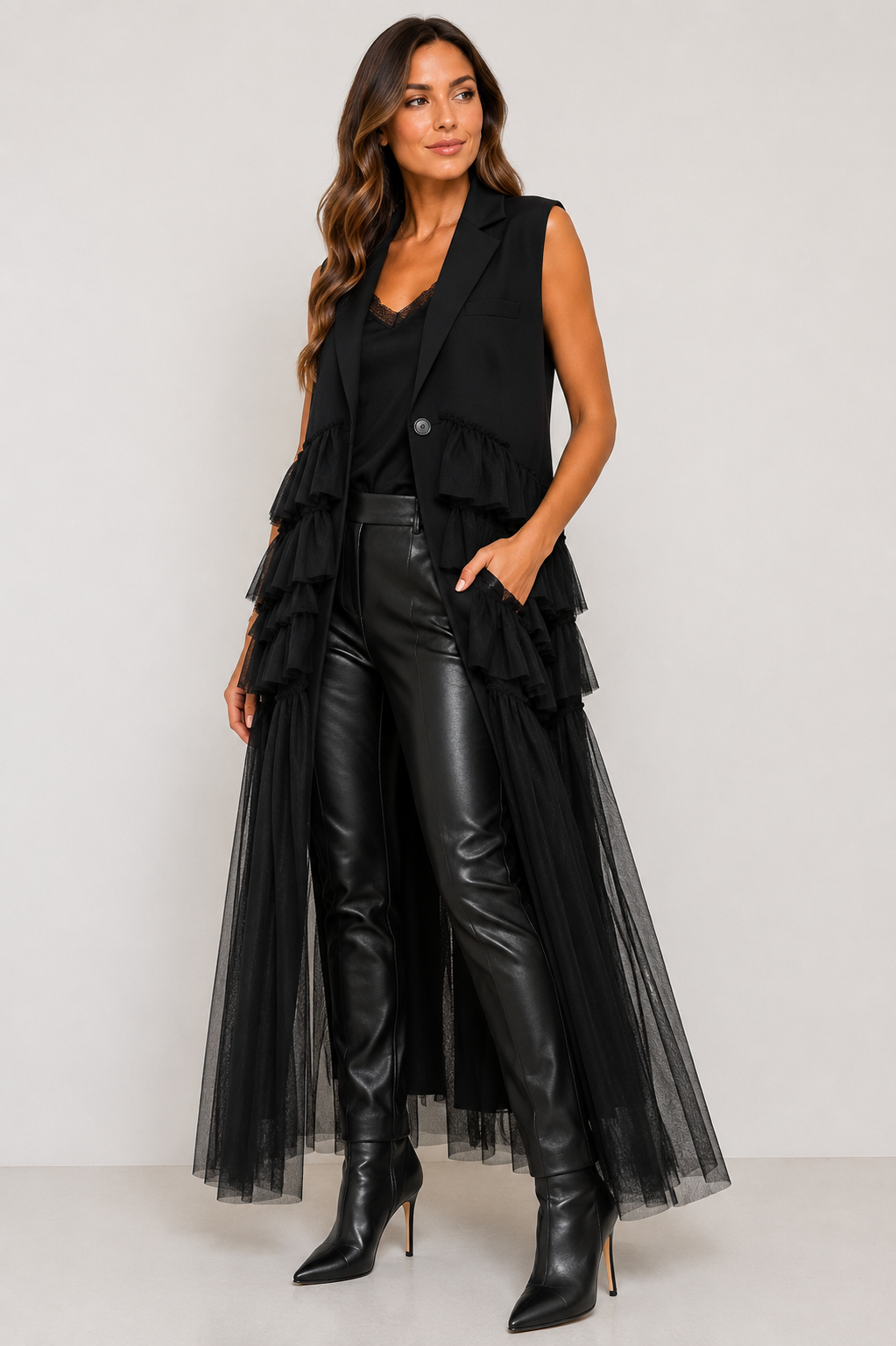 Black Ruffle Longline Waistcoat