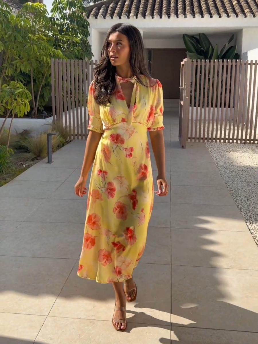 Kate & Pippa kimber lemon blossom tie neck midi dress