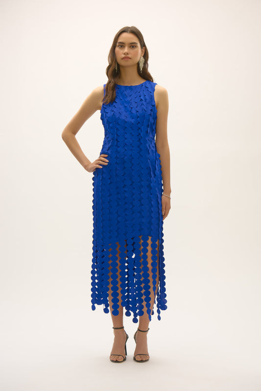 JOSEPH RIBKOFF 252712 royal sapphire circle fringe dress