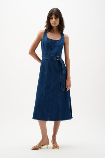 JOSEPH RIBKOFF Denim Fit And Flare Midi Dress With Belt 262901