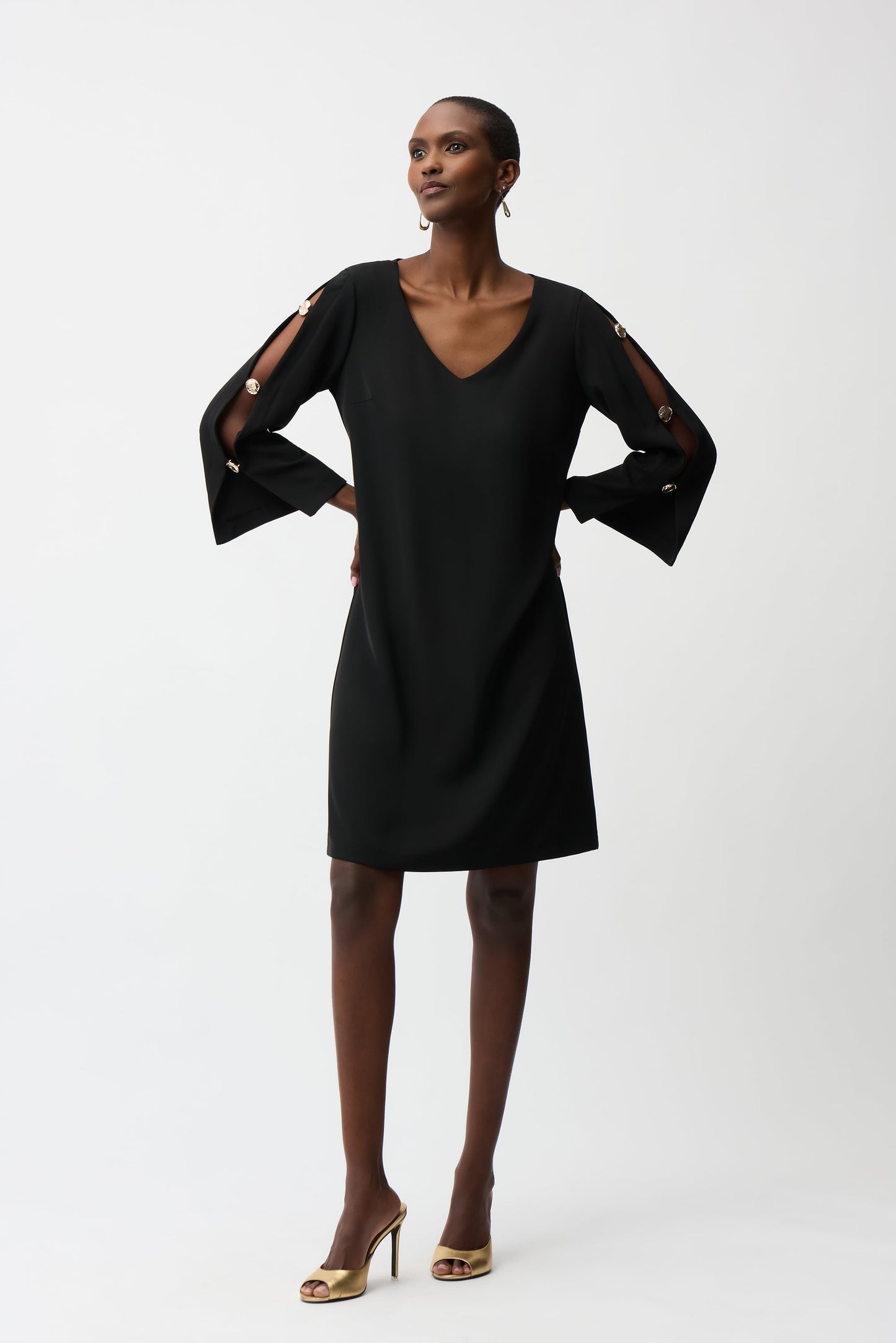 JOSEPH RIBKOFF Woven Twill Trapeze Dress With Gold Trimmed Slit Sleeves 261085