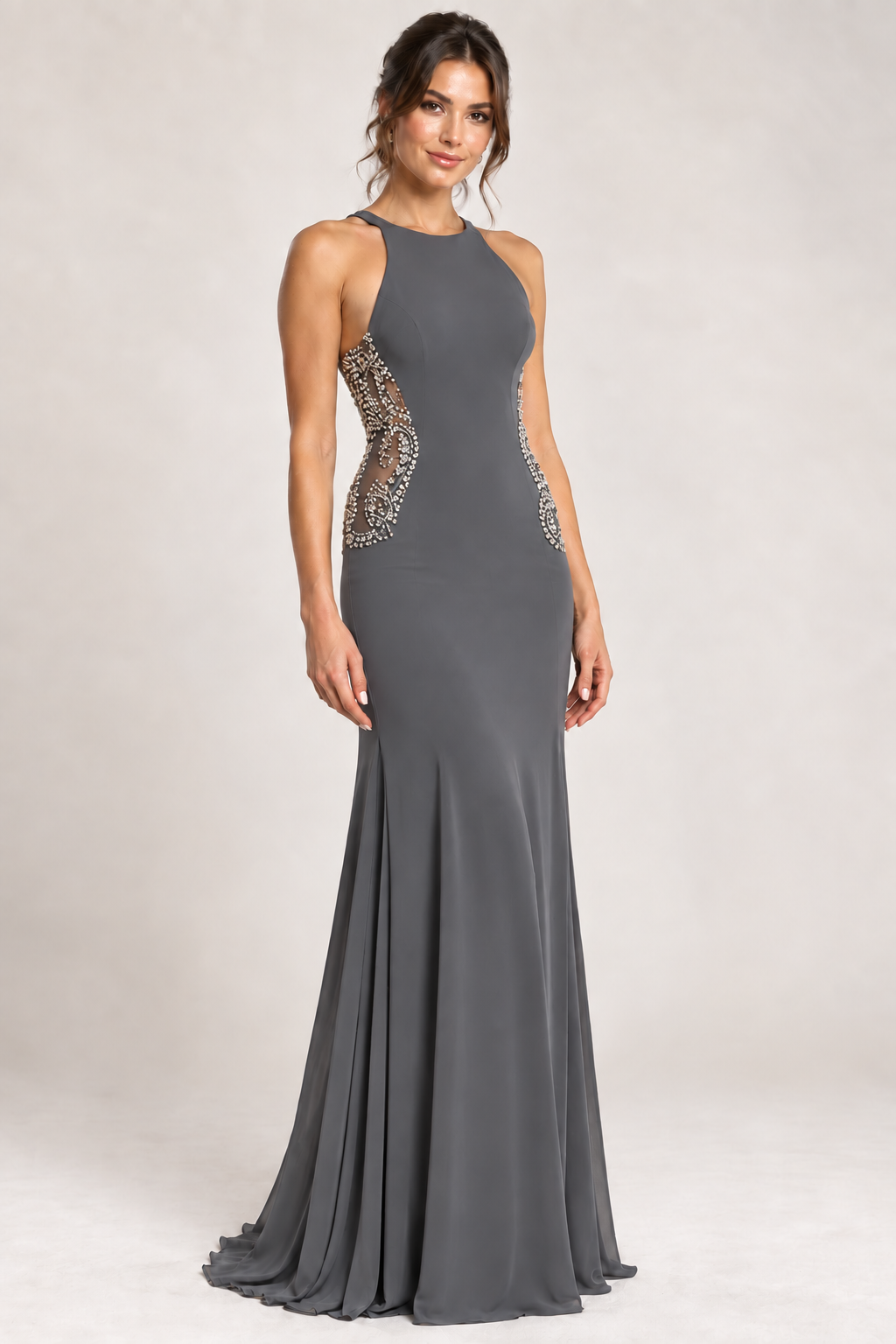 Slate Grey Embellished Halter Neck Evening Dress
