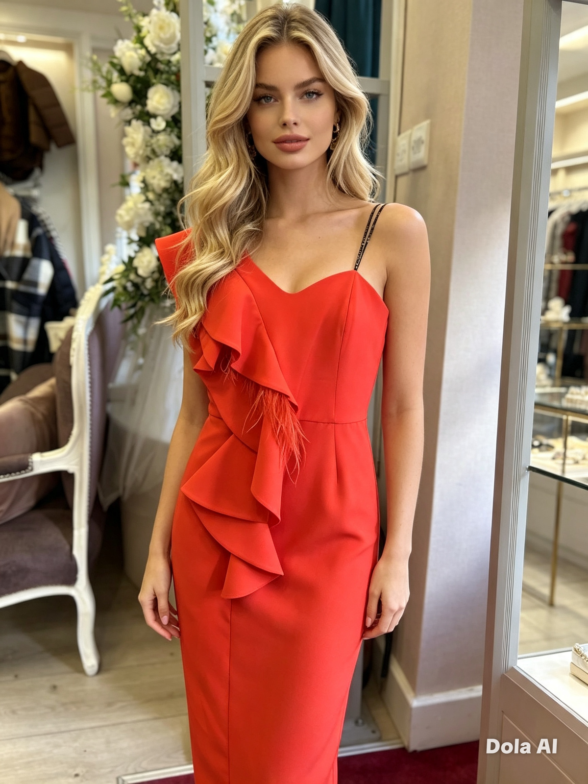 STUNNING TANGO ORANGE ONE-
SHOULDER DRESS