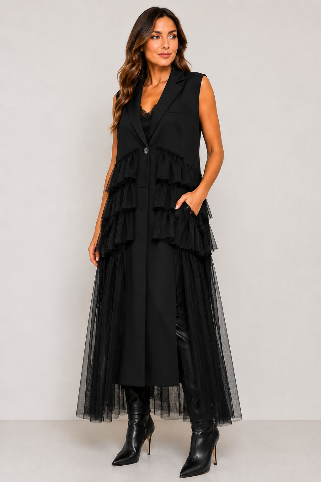 Black Ruffle Longline Waistcoat