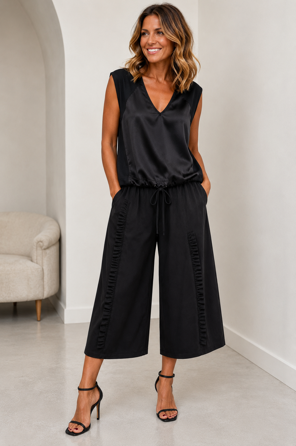 Black Satin-Front Drawstring Top – Free Size