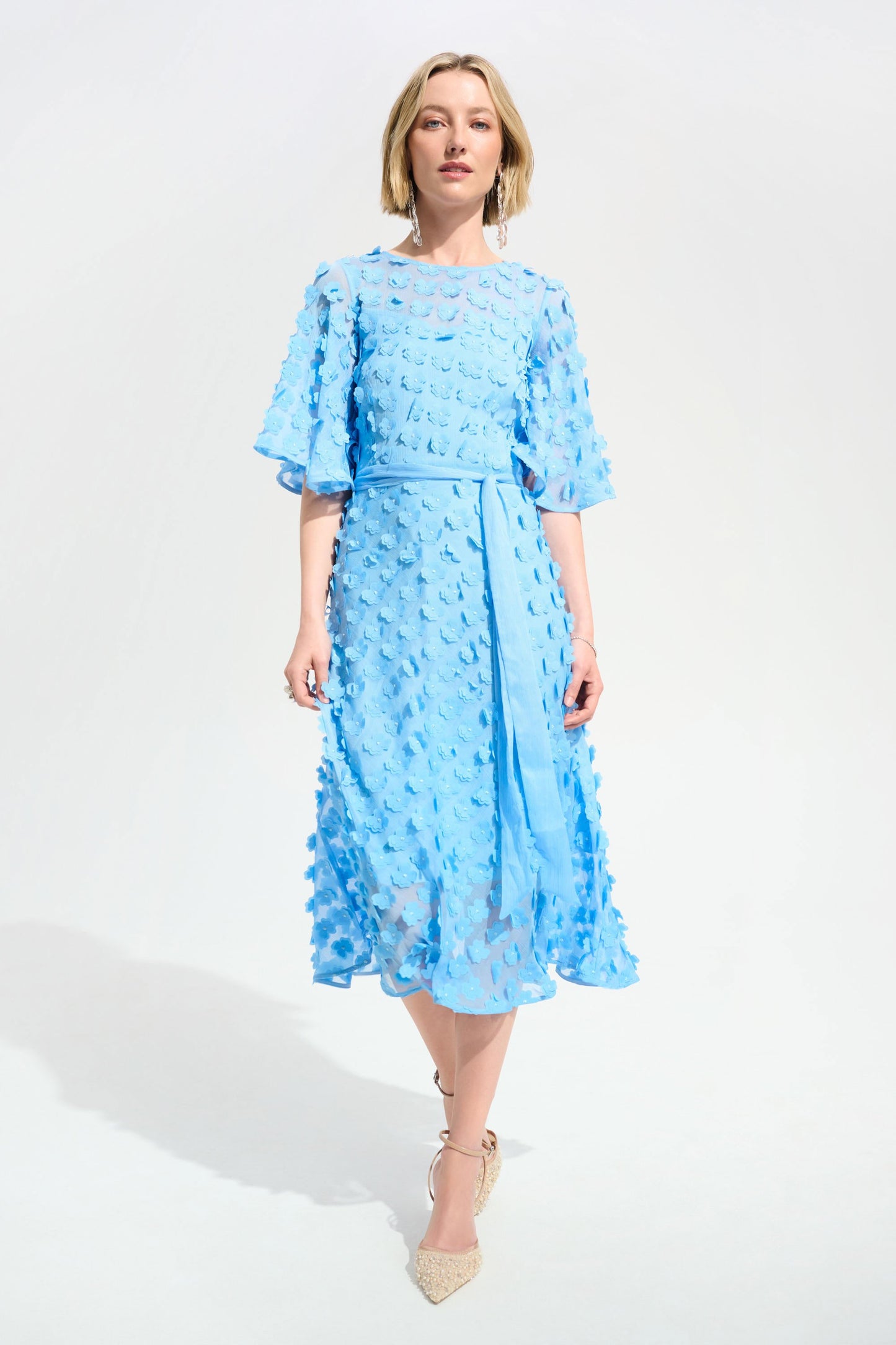 Joseph Ribkoff Signature | 3D Embroidered Chiffon Fit And Flare Dress With Sash Belt
261738