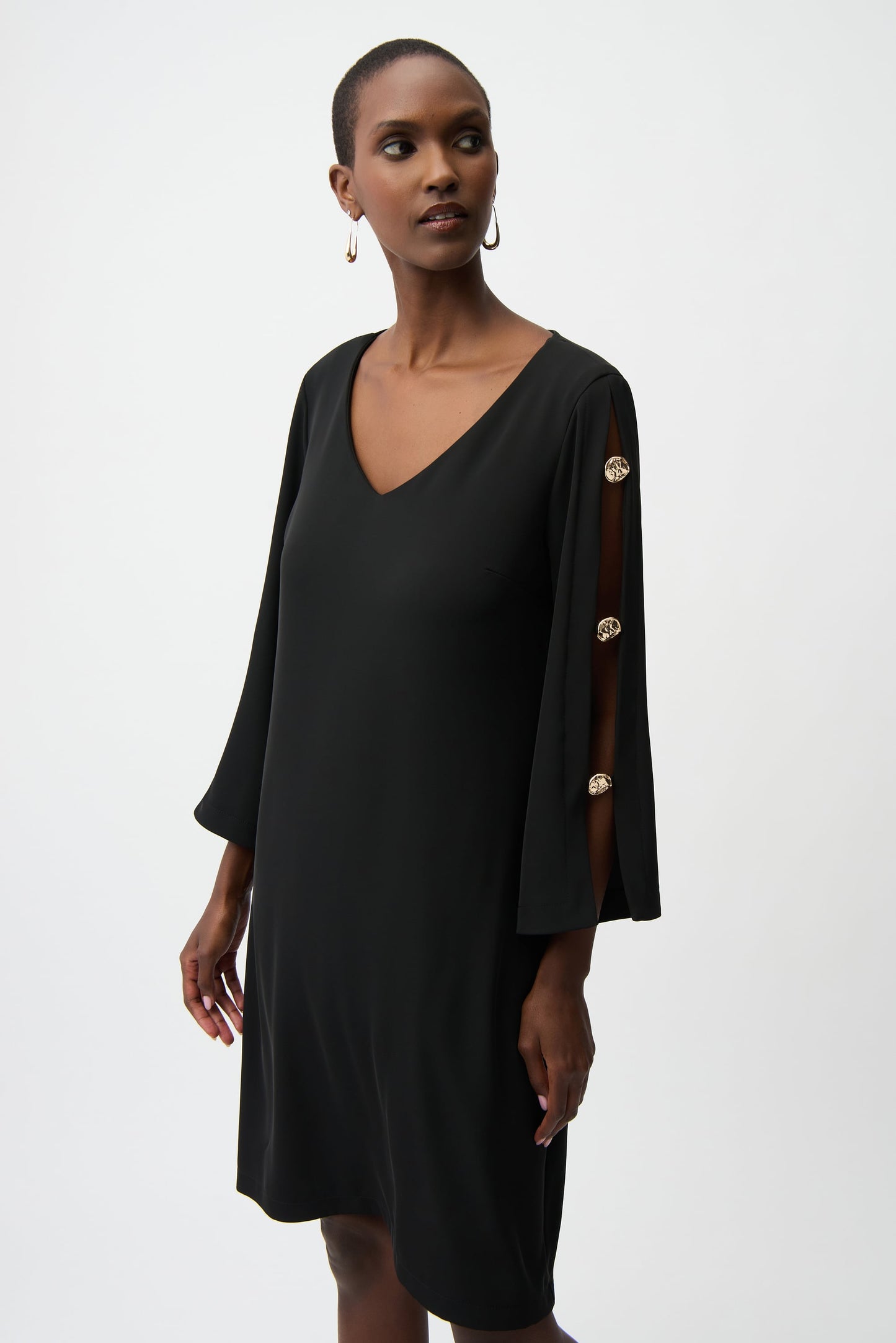 JOSEPH RIBKOFF Woven Twill Trapeze Dress With Gold Trimmed Slit Sleeves 261085