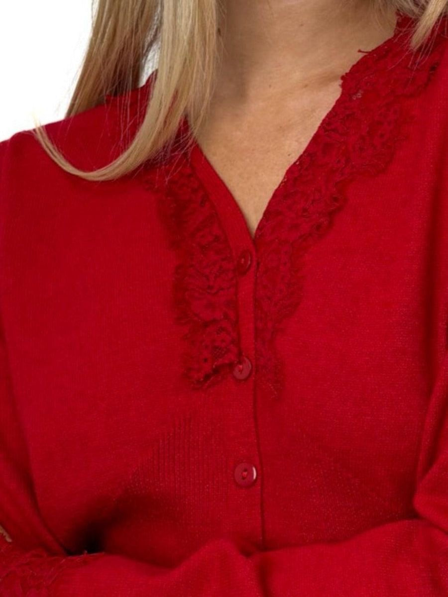 KATE & PIPPA CLO LACE TRIM CARDIGAN IN RED