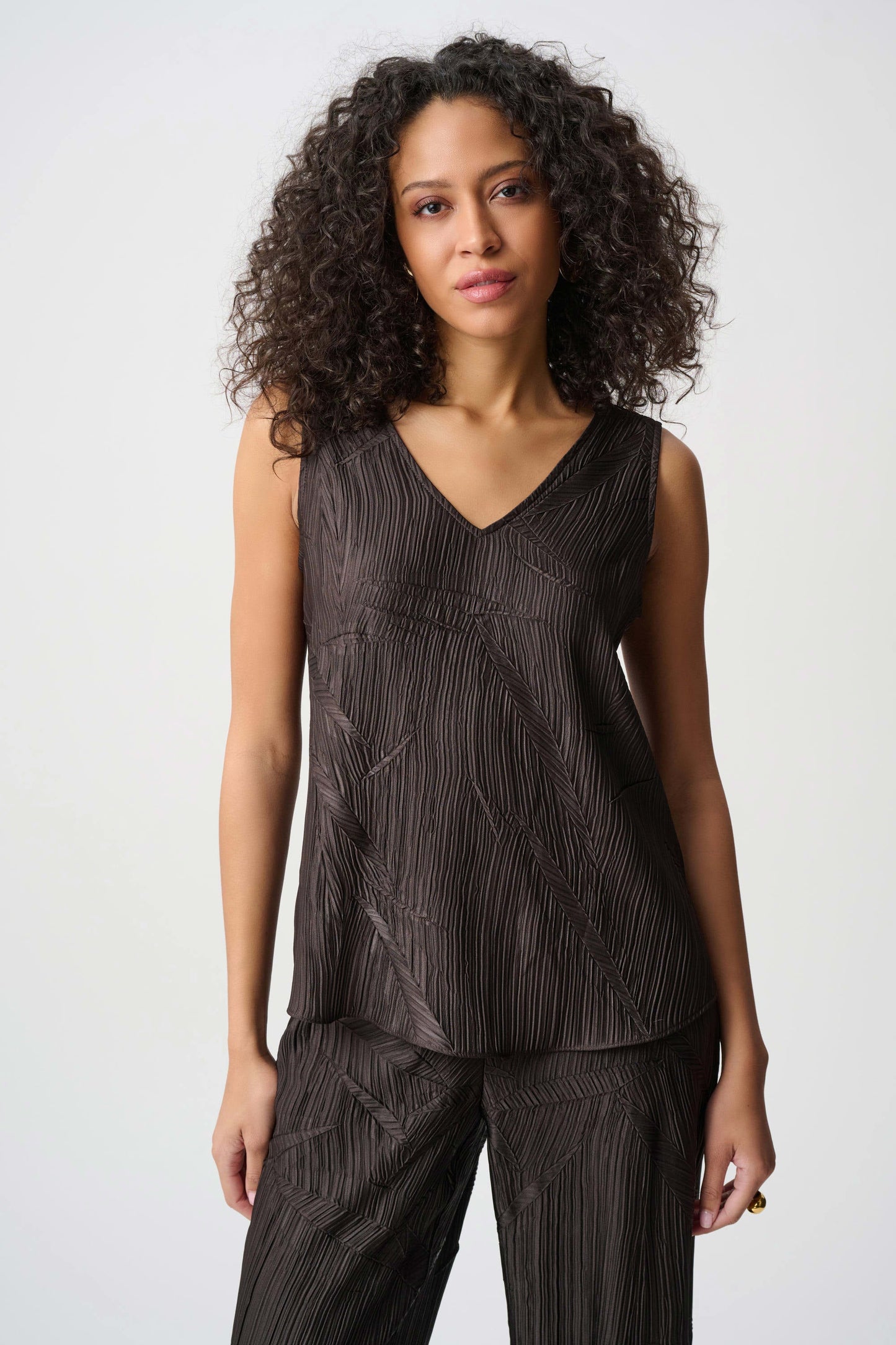 JOSEPH RIBKOFF Pleated Satin Flared V-Neck Top 263051