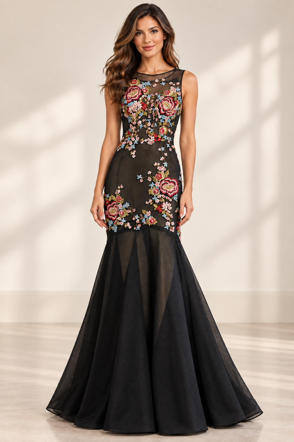 Lore Black Floral Embroidered Fishtail Gown