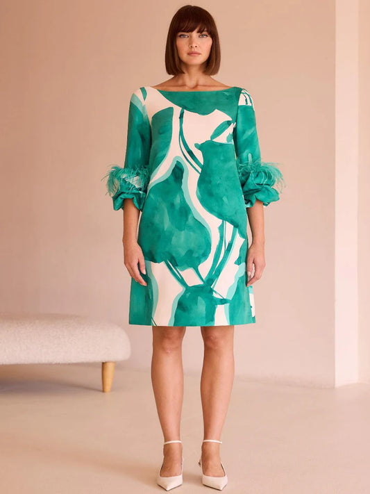 Carla Ruiz – Green Abstract Print Dress with Feather Cuff Detail 52570