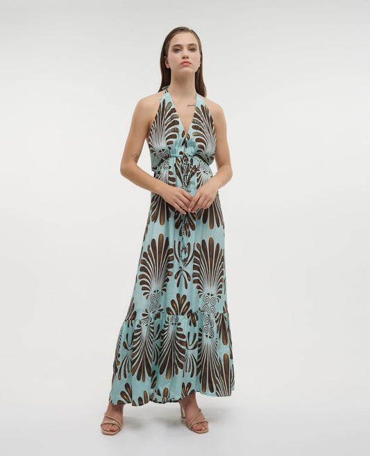 Ble 0289 Blue and Brown holiday maxi dress