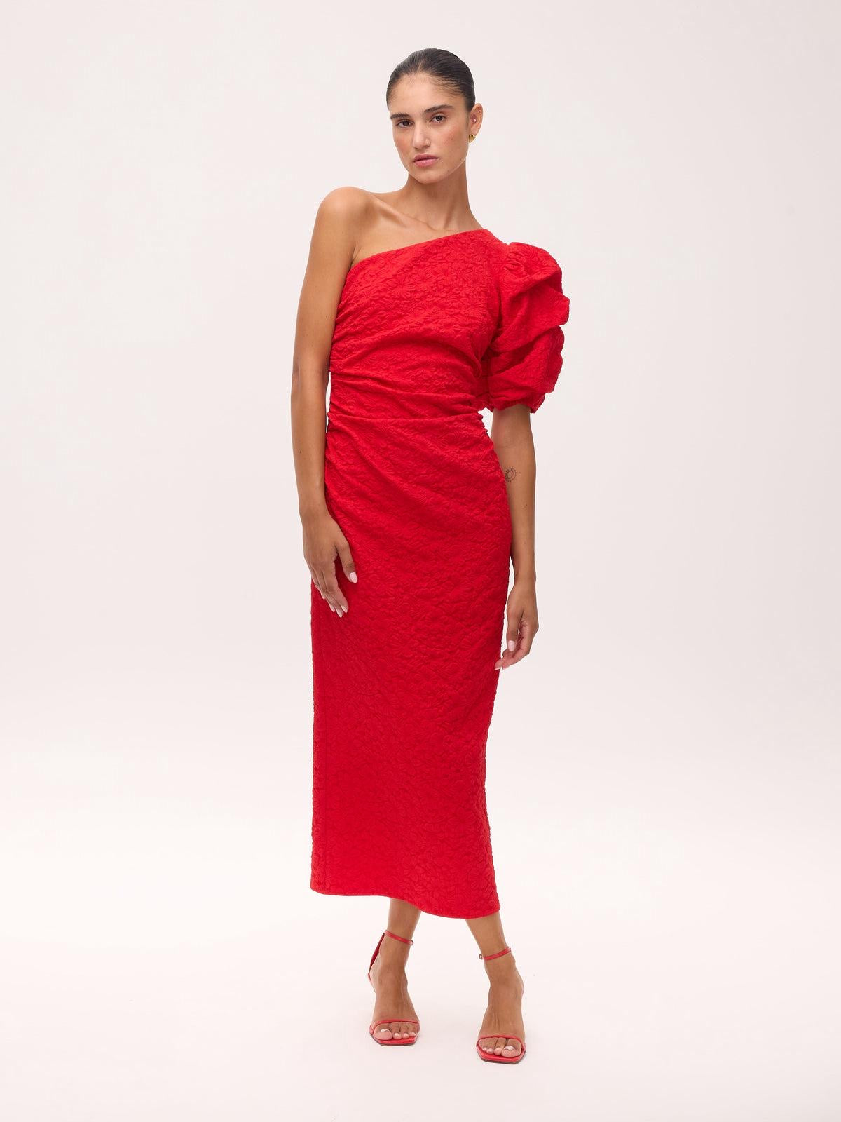Mioh Isabella Red one shoulder midi dress