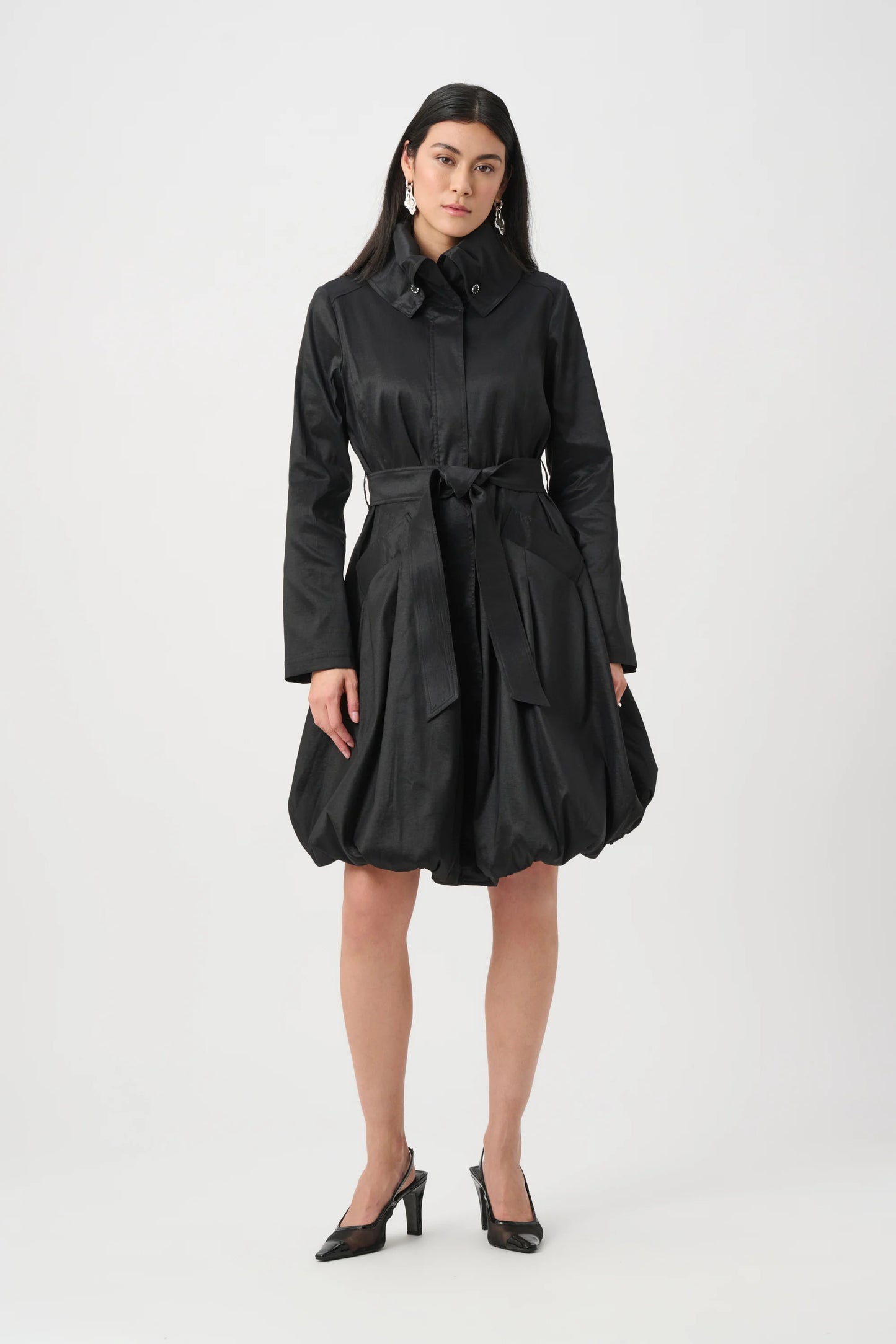 263911 Stretch Taffeta Belted Fit & Flare Balloon Coat