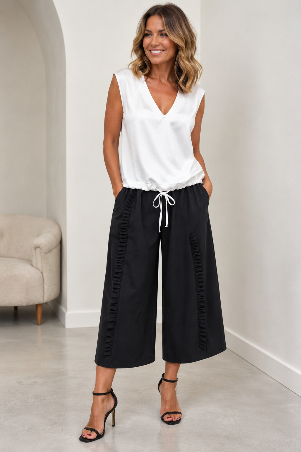 White Satin-Front Drawstring Top – Free Size
