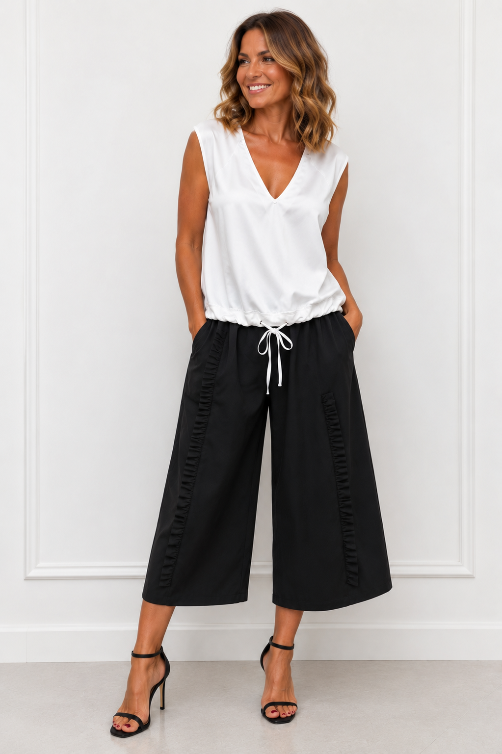 White Satin-Front Drawstring Top – Free Size