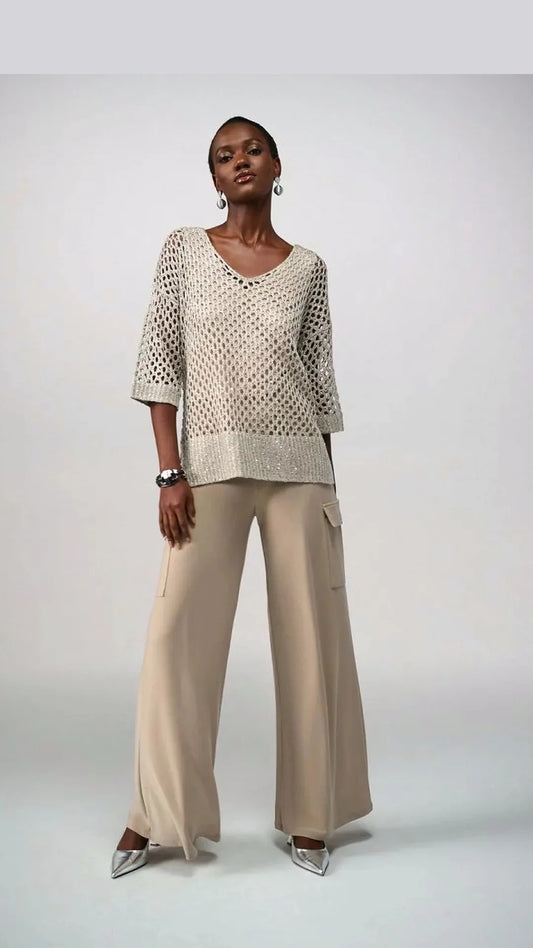 Champagne open knit sweater with sequins.joseph ribkoff 241922