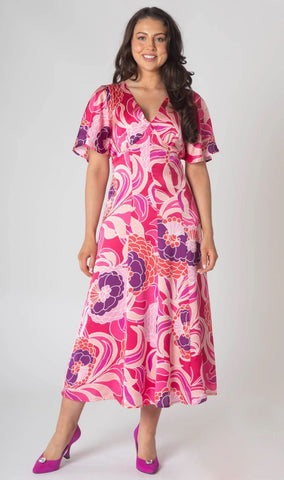 Caprice v- neck dress with empire waist and loose sleeve.  Pink