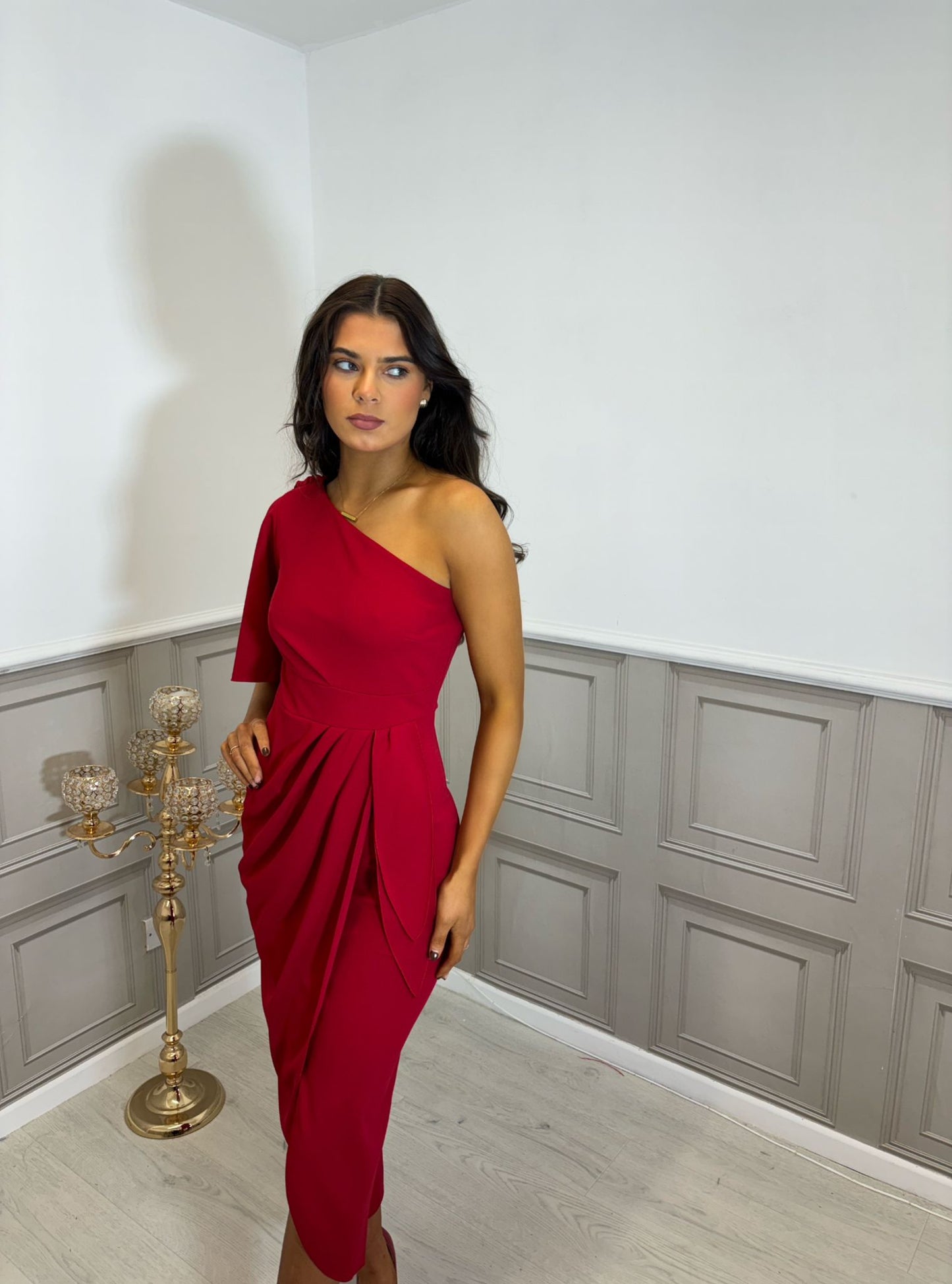 Red one shoulder midi dress