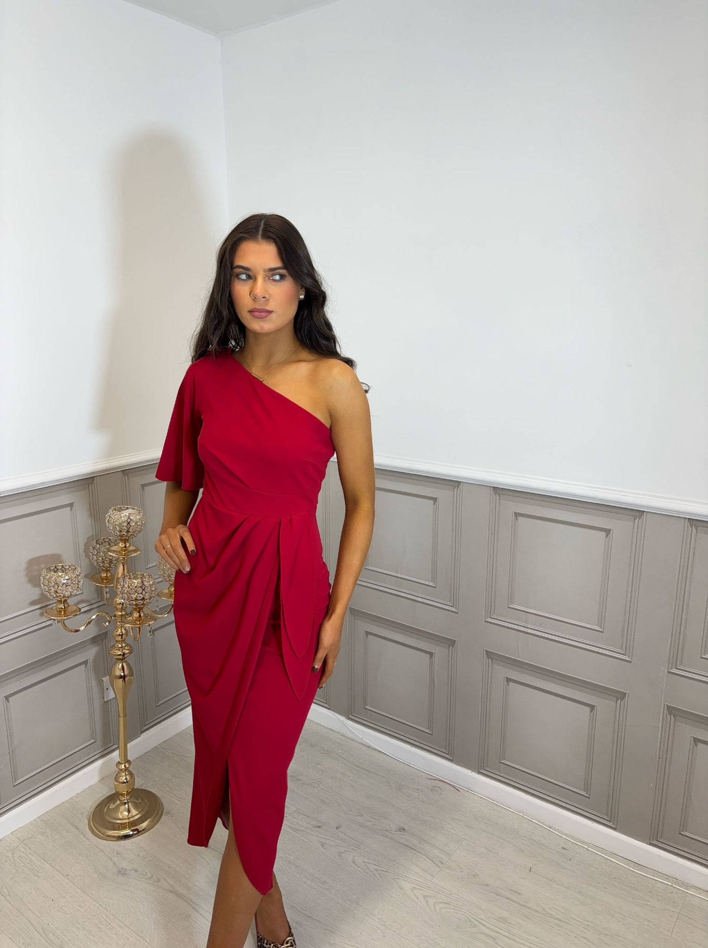 Red one shoulder midi dress