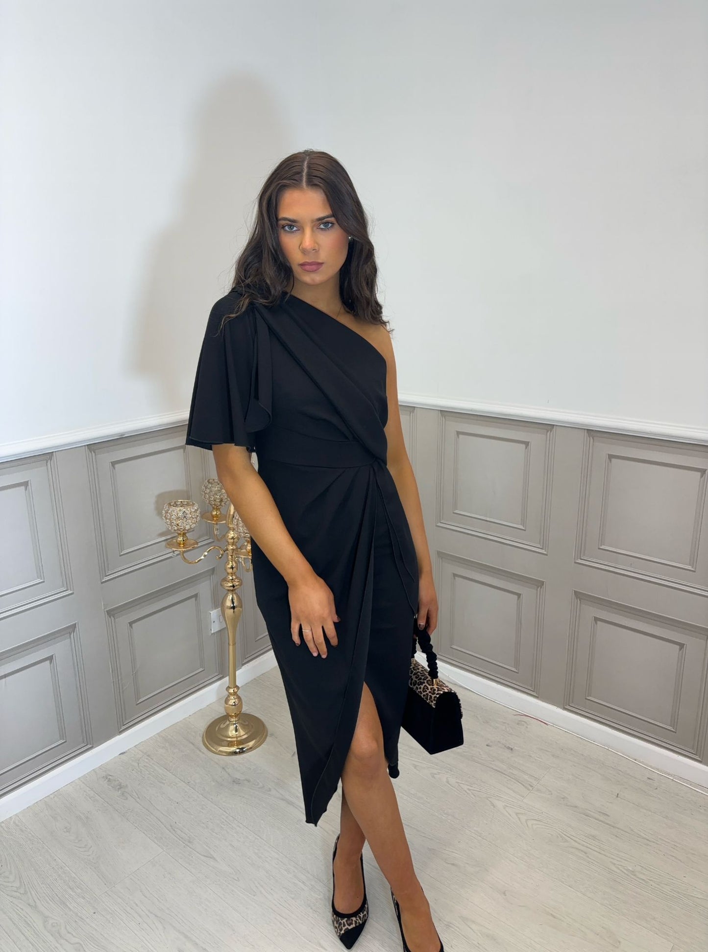 Black one shoulder midi dress