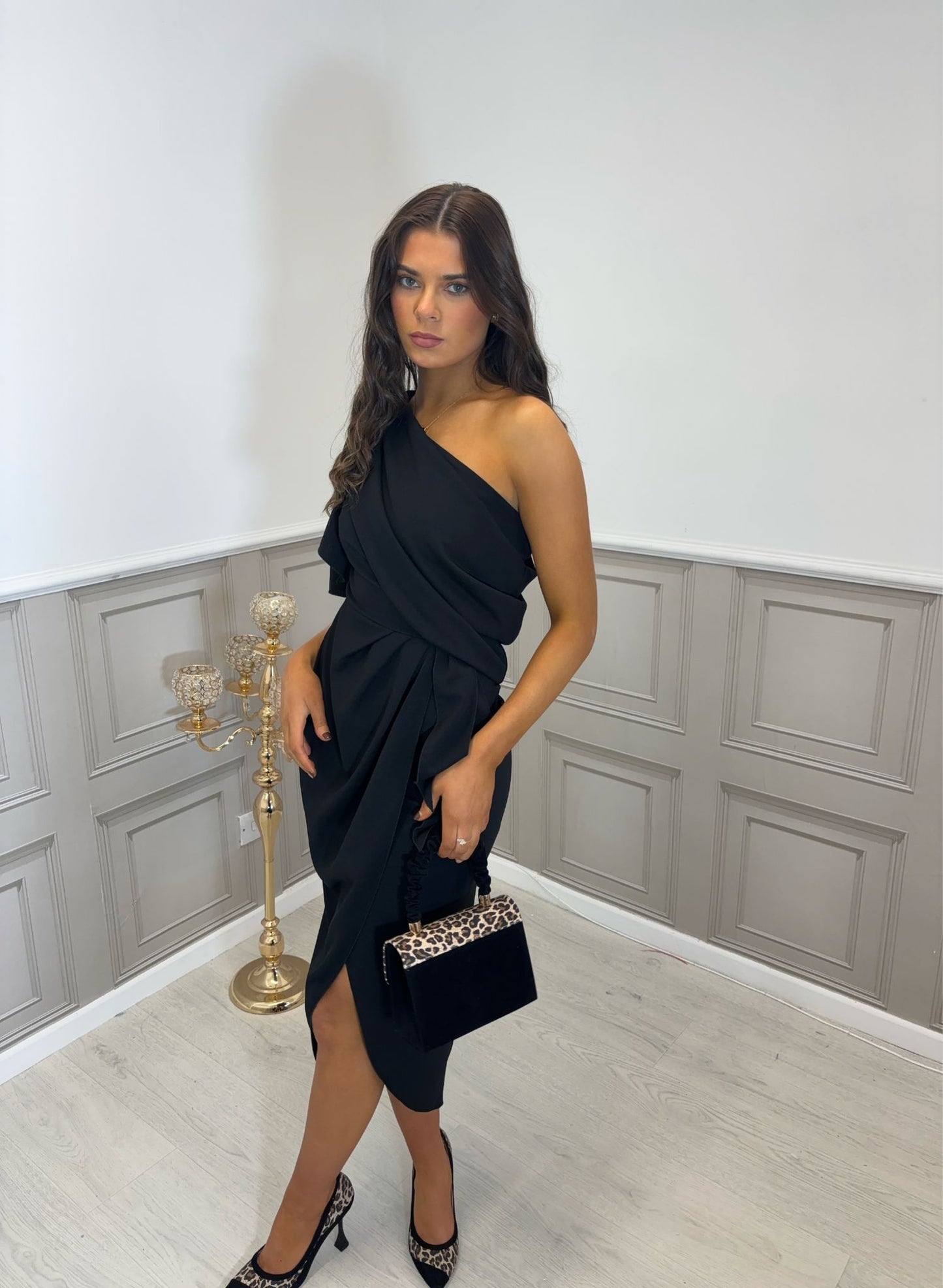 Black one shoulder midi dress