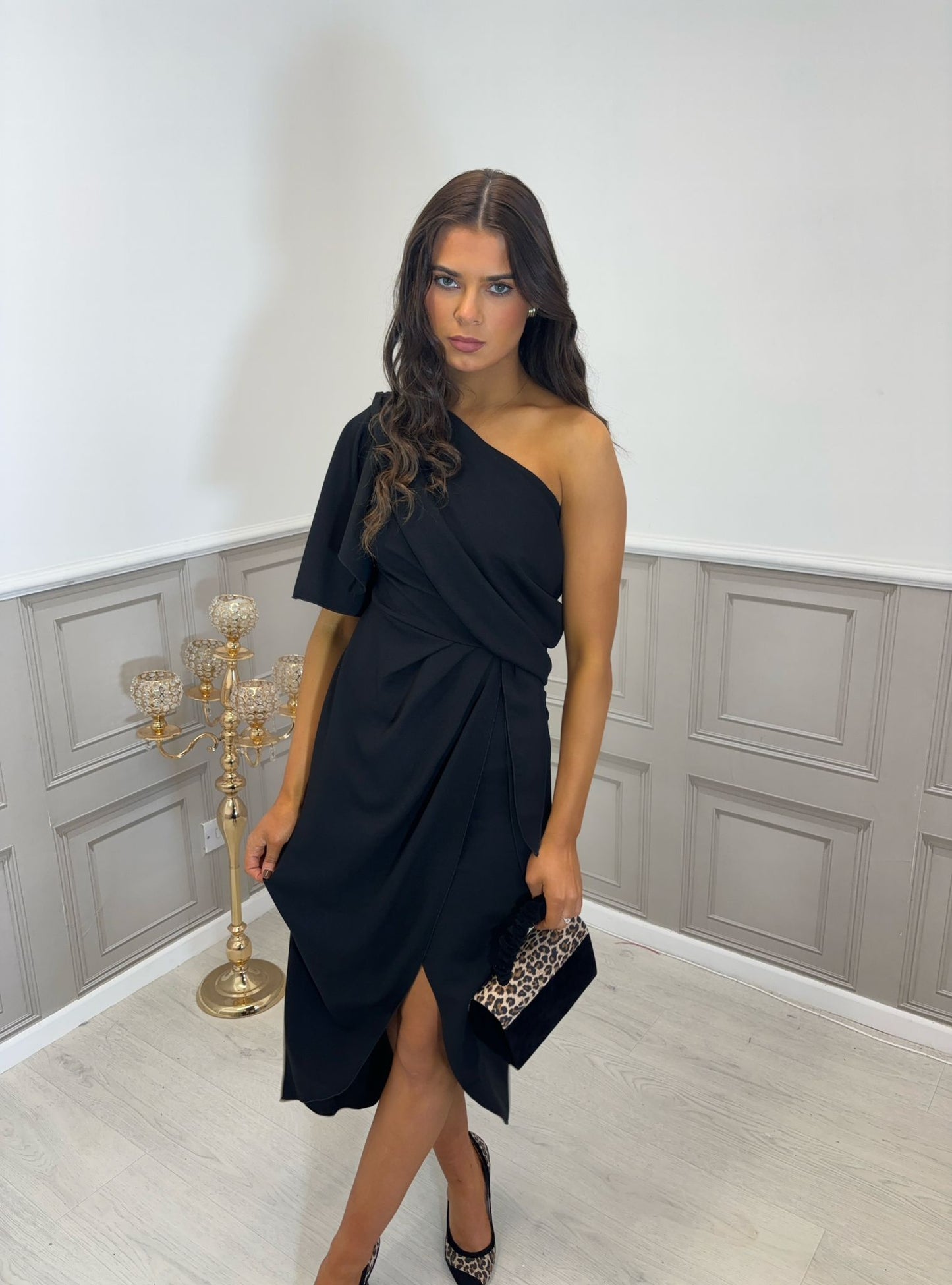 Black one shoulder midi dress