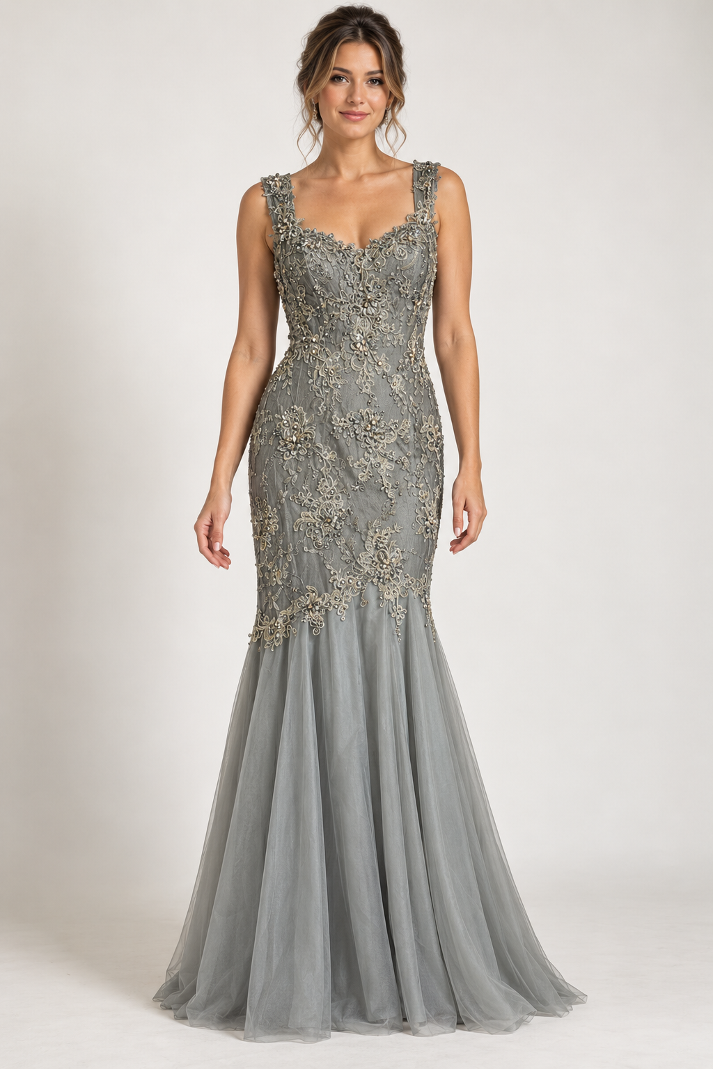 Silver Grey Embellished Lace Fishtail Gown