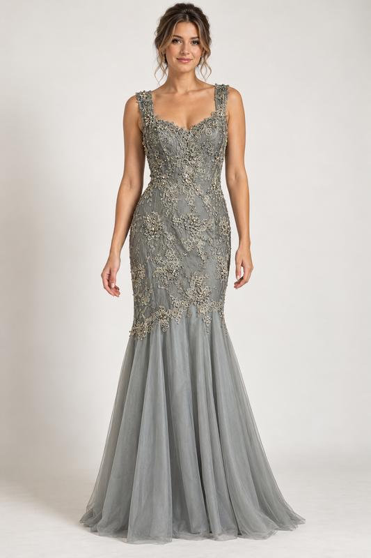 Silver Grey Embellished Lace Fishtail Gown