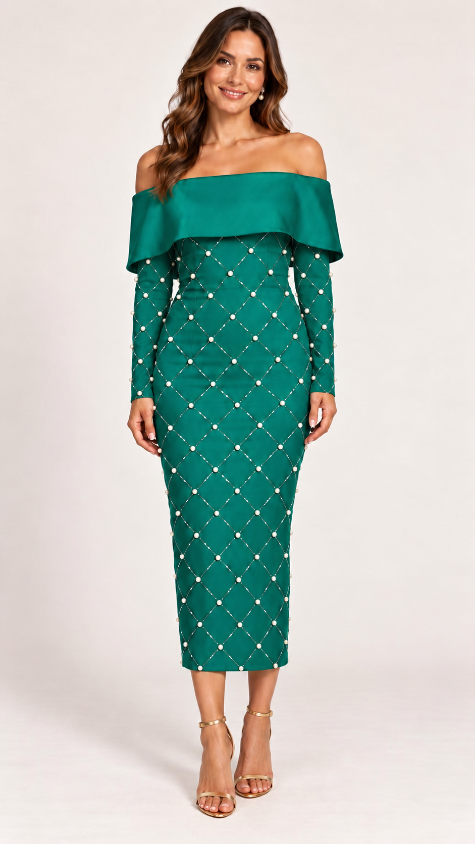 Pearl & Diamante Bardot Midi Dress – Red & Royal