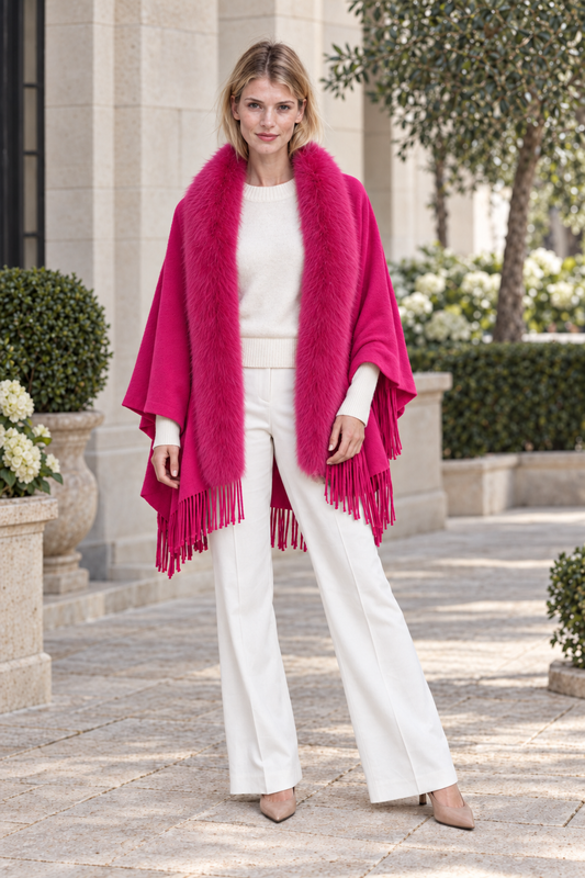 Fushia Luxury Faux Fur Trim Cape