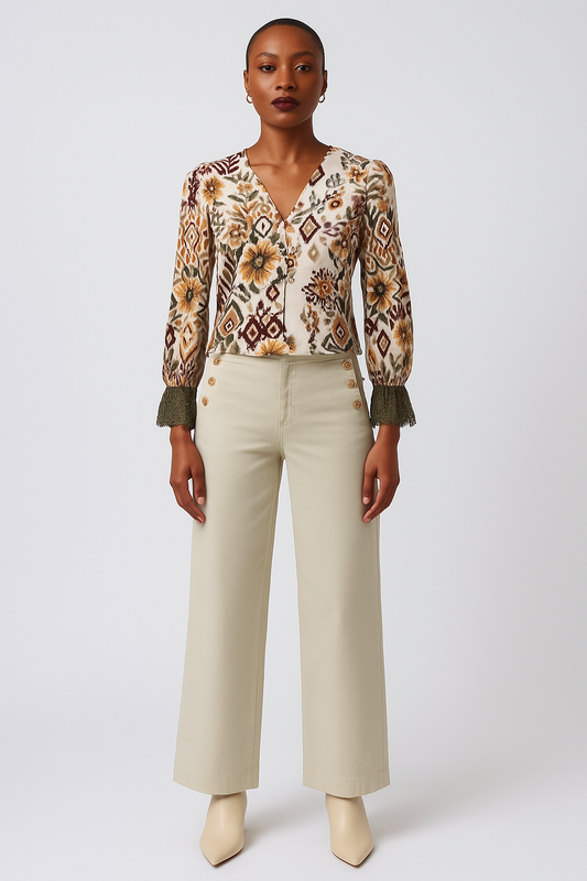 K Design Floral Print Blouse with Khaki Crochet Cuffs – Style B115