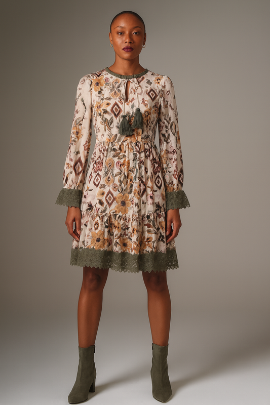 K Design Floral Print Dress with Khaki Crochet Trim – Style B114
