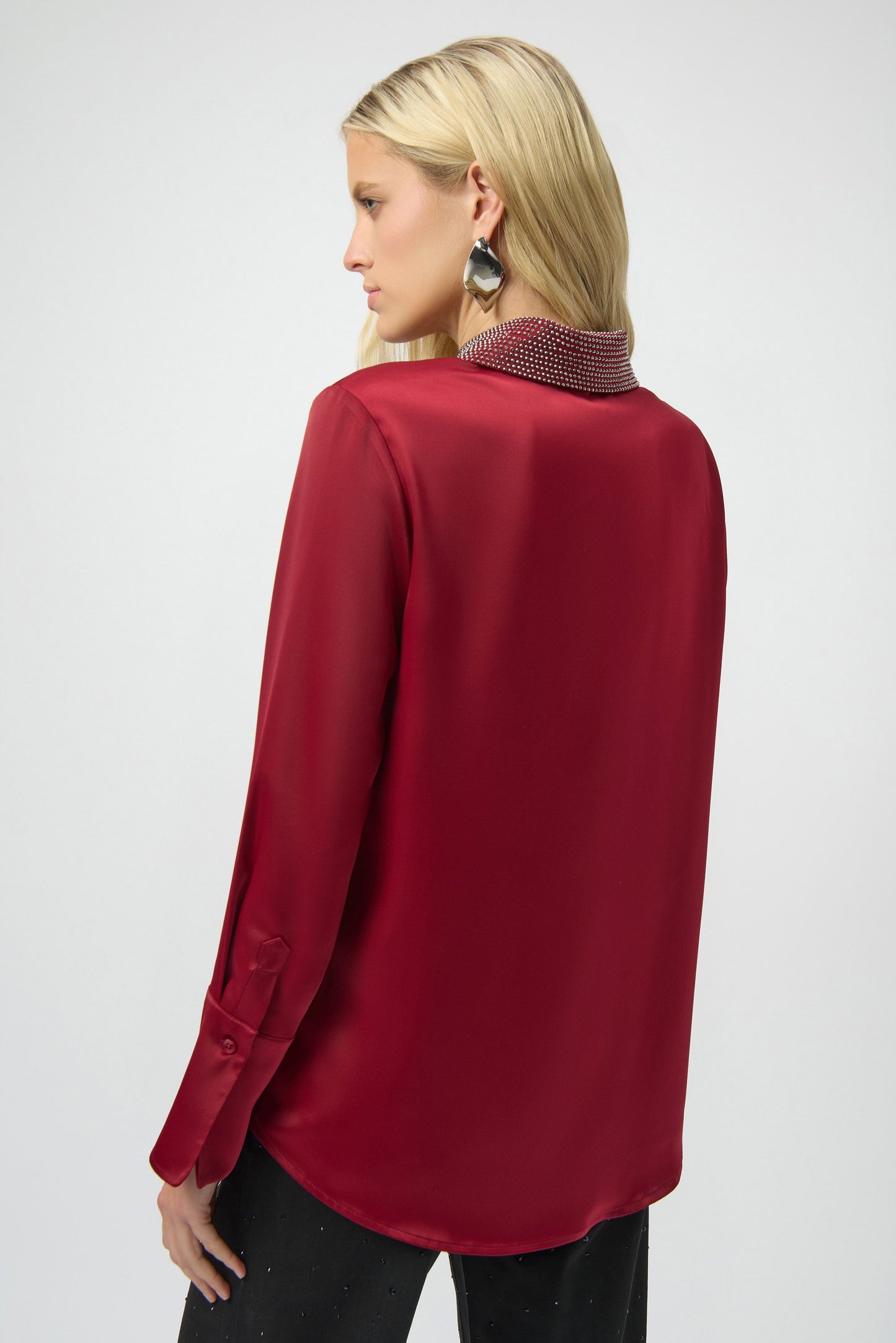Satin Button-Front Blouse with Embellished Collar
254926