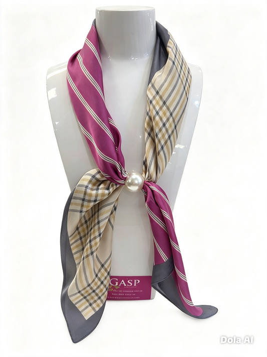Leona Magenta Stripe & Beige Tartan Mix Scarf..