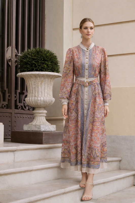 ✨ Vintage Paisley Maxi Dress with Statement Buttons