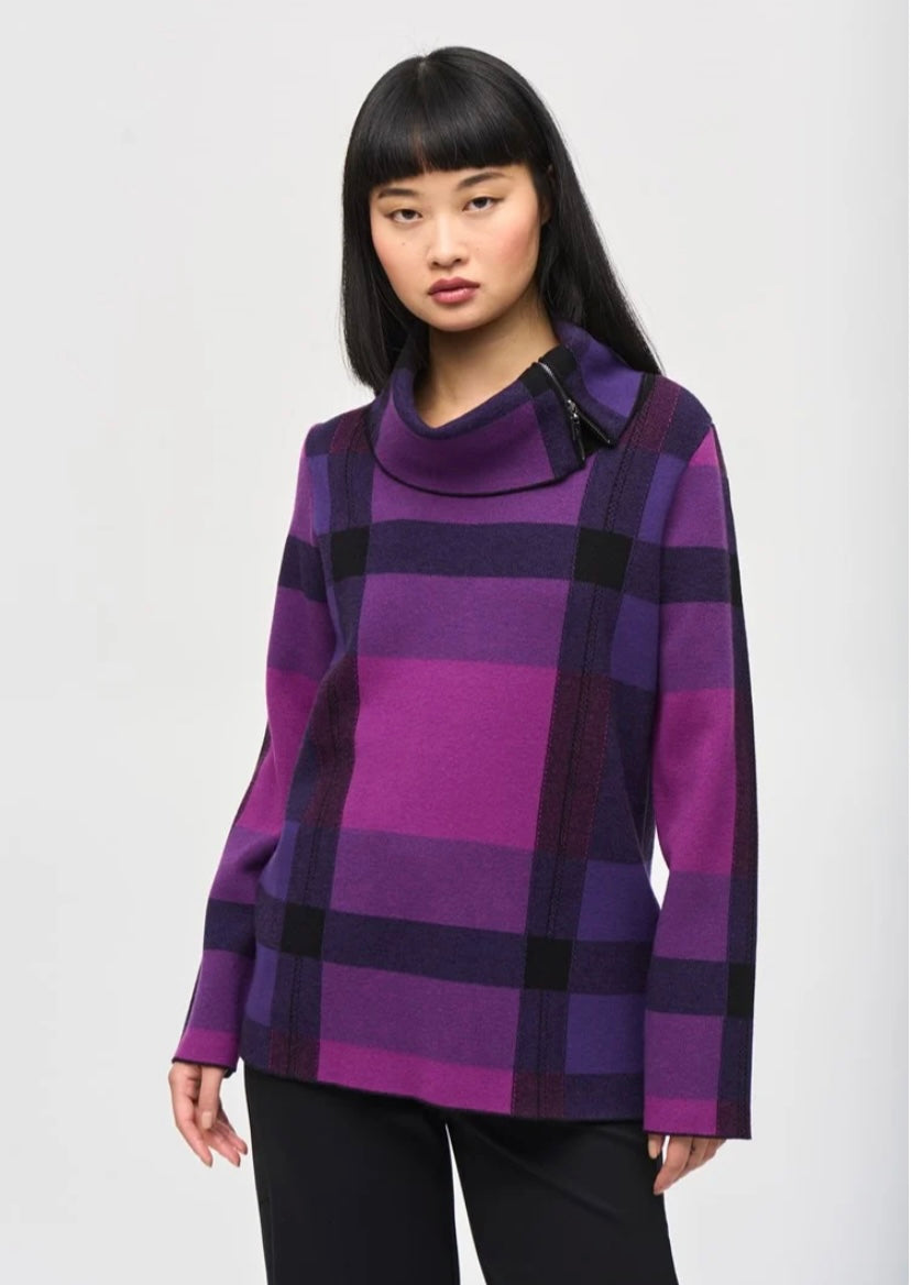 Plaid Jacquard Cowl Neck Sweater 243943