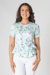 Esper printed top with tie hem and short sleeves purple and green.